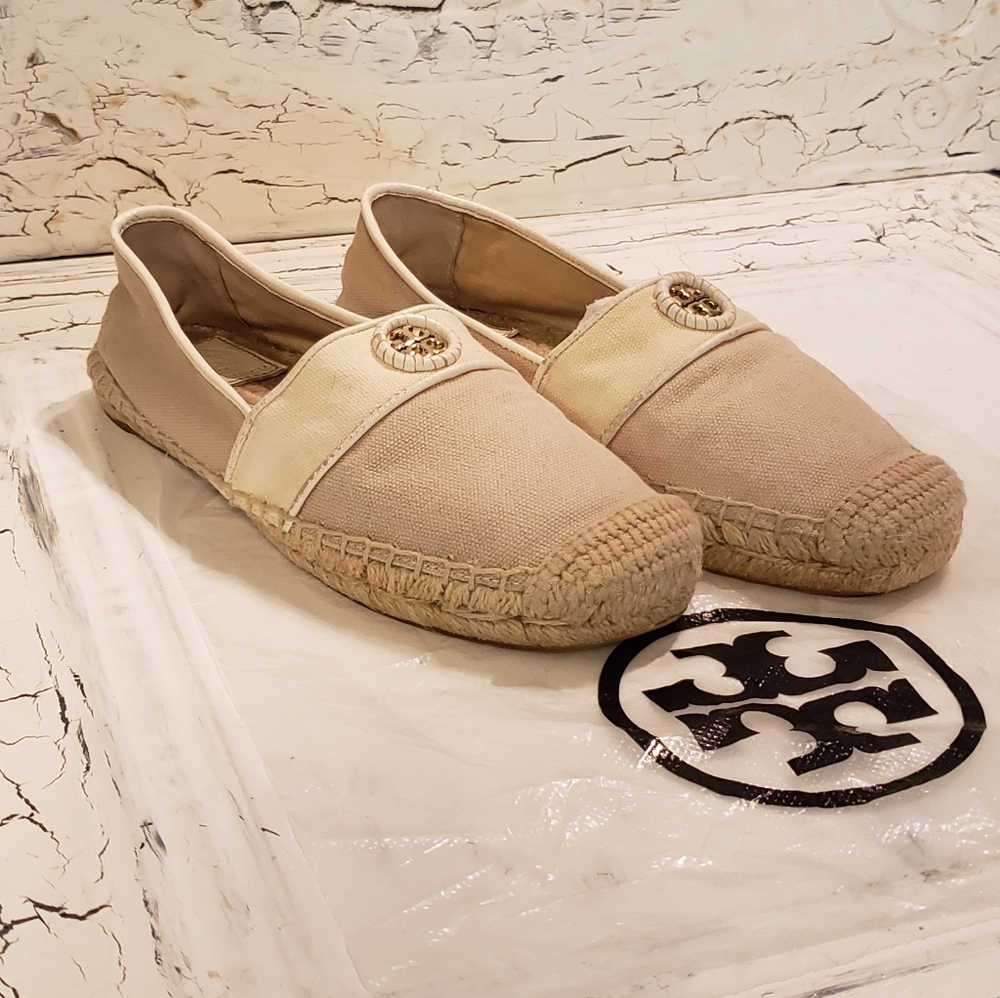 Tory Burch Logo Espadrilles Canvas Jute Rope Slip Om Leather Designer Summer 214